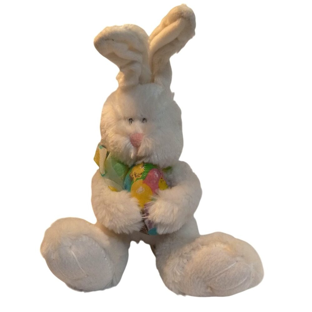 American Greetings Easter Bunny White Plush Colorful Egg Ribbon Stuffed